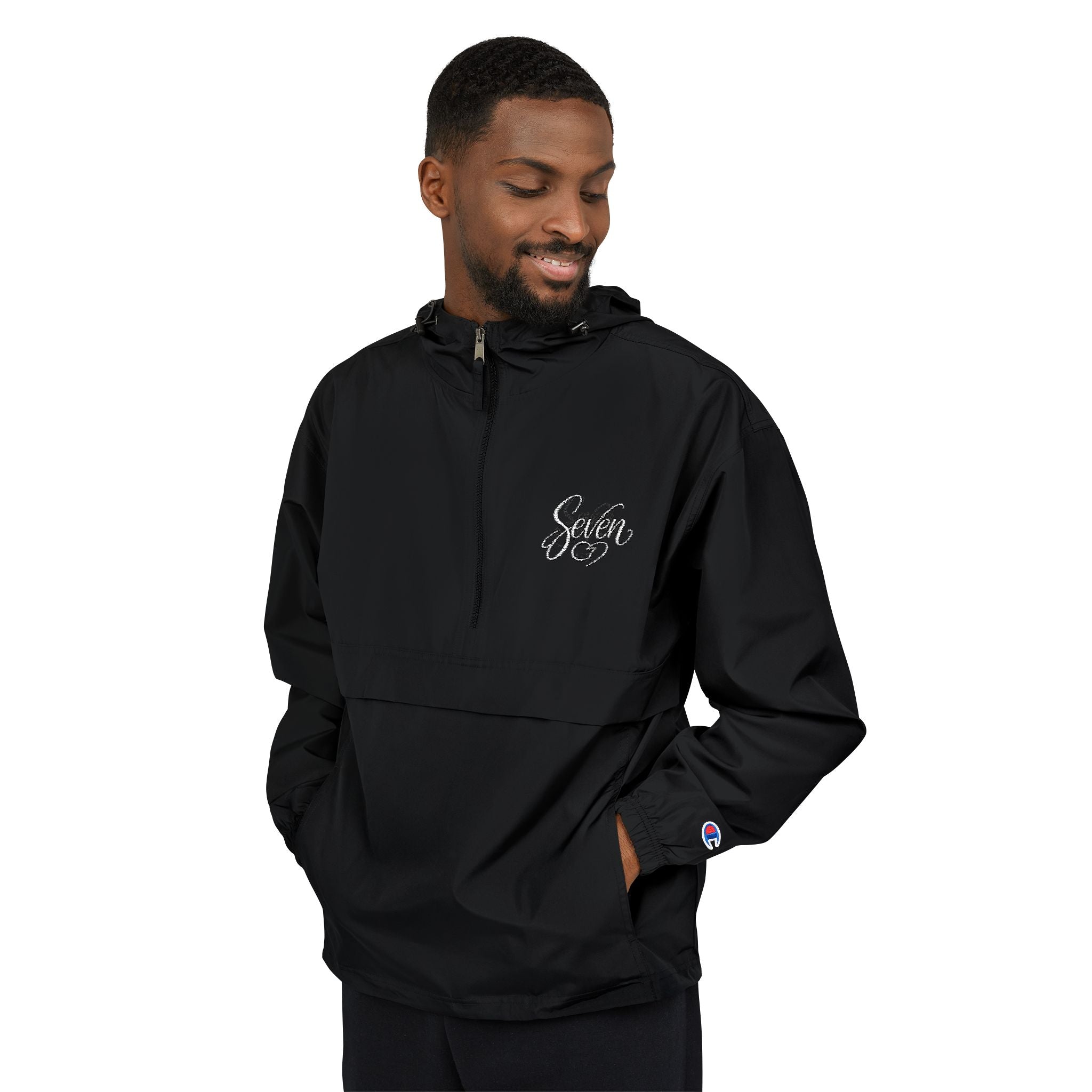 StaySevenBrand Unisex Anorak Windbreaker Jacket – Lightweight Hooded Pullover (Black & Navy)